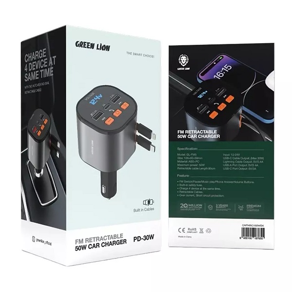 شارژر فندکی گرین لاین مدل Green Lion FM Retractable 50W Car Charger - Black