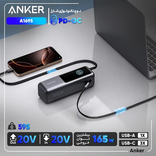 پاوربانک 100 وات انکر مدل A1695 ظرفیت 25000 میلی آمپر ساعت