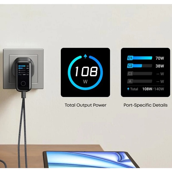 شارژر دیواری 140 وات 4 پورت انکر مدل B0DPKP7RD8 به همراه کابل USB-C به طول 1.5 متر